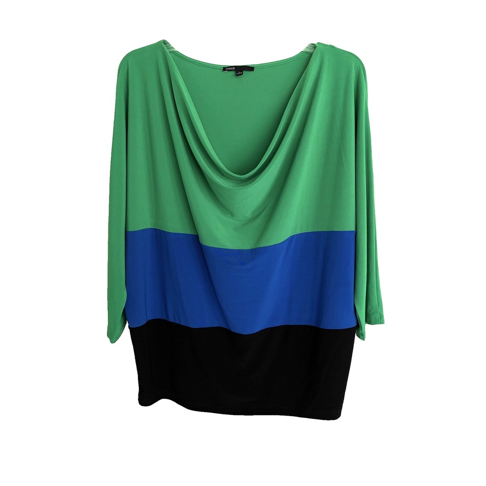 Chaus Top Womens Large Cowl Neck 3/4 Sleeve Stretch Colorblock Shirt Pullover